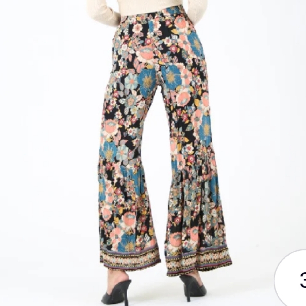 Angie Floral Wide-Leg Beach Flowy Pants Size Large Black Floral Peach Blue Multi - Picture 4 of 16